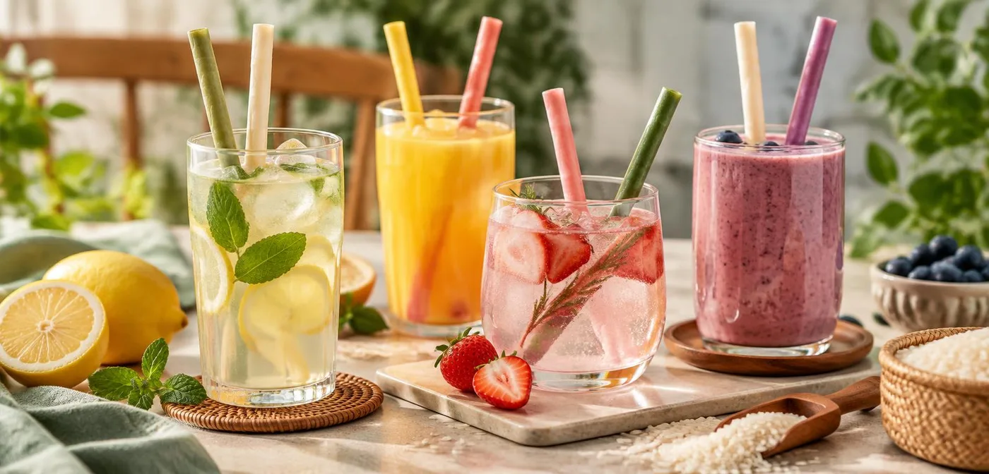 Rootwave edible rice straws in lemonade, orange juice, strawberry soda and a berry smoothie